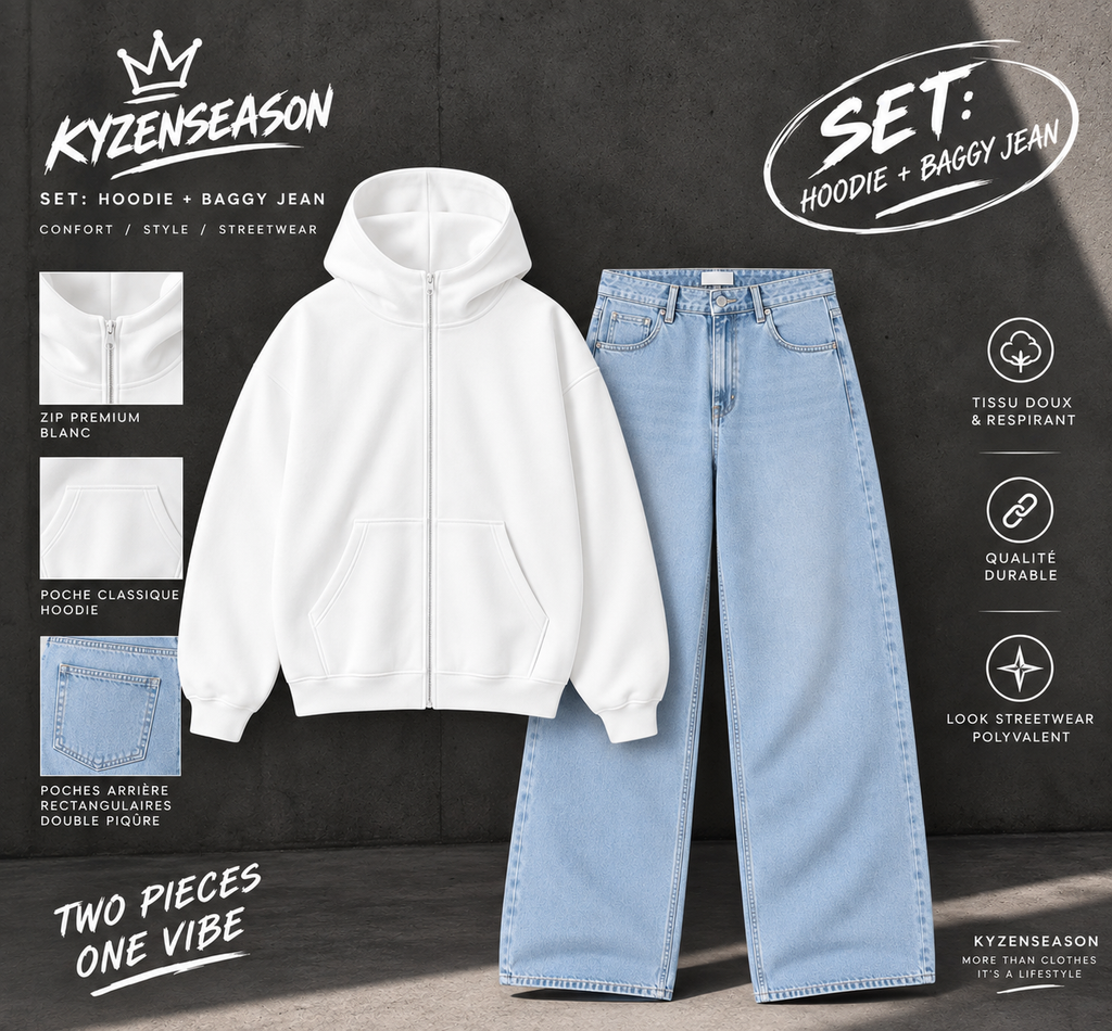 ⭐ Ensemble Casual Premium – Hoodie Blanc & Jean Wide Leg Bleu Clair