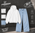 ⭐ Ensemble Casual Premium – Hoodie Blanc & Jean Wide Leg Bleu Clair