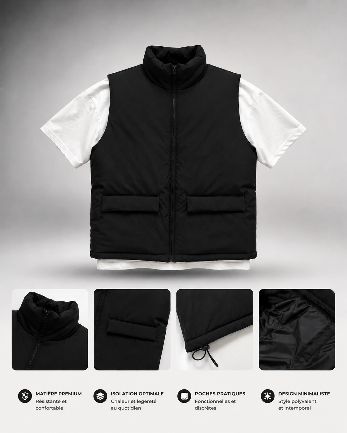 Ensemble gilet matelassé noir et t-shirt blanc, au design minimaliste et moderne. Une association simple et polyvalente pour un look casual.