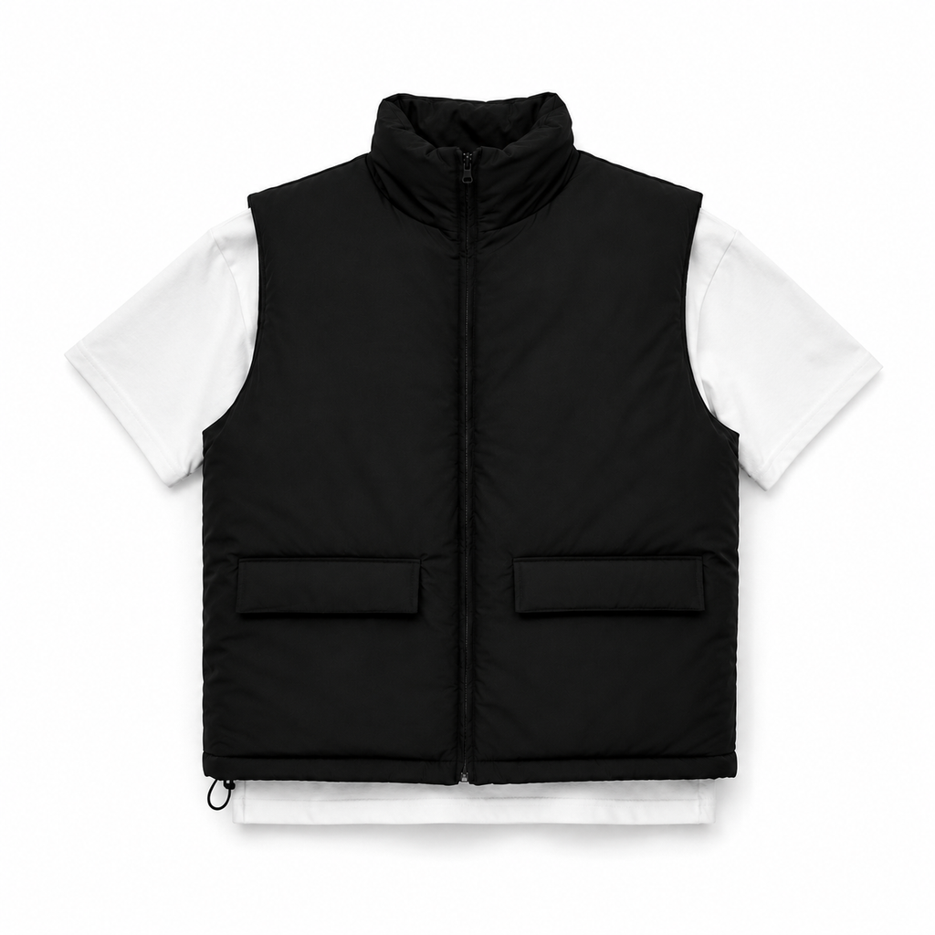 Ensemble gilet matelassé noir et t-shirt blanc, au design minimaliste et moderne. Une association simple et polyvalente pour un look casual.