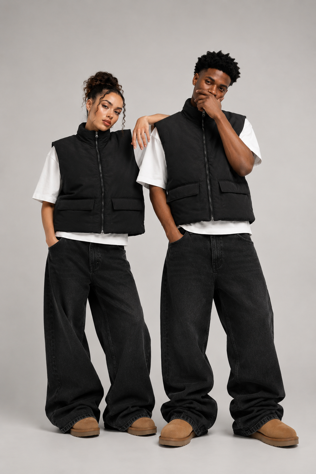 Ensemble gilet matelassé noir et t-shirt blanc, au design minimaliste et moderne. Une association simple et polyvalente pour un look casual.