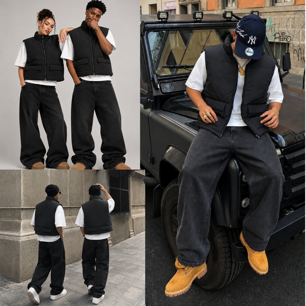 Ensemble gilet matelassé noir et t-shirt blanc, au design minimaliste et moderne. Une association simple et polyvalente pour un look casual.